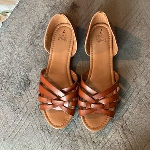 Time and tru open toe brown flats